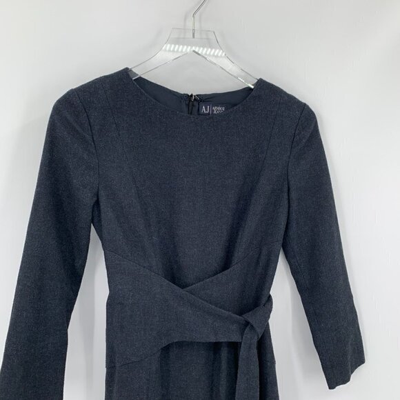 AJ Armani Jeans navy blue shift dress attached belt tweed lined zipper 4 - Picture 2 of 4